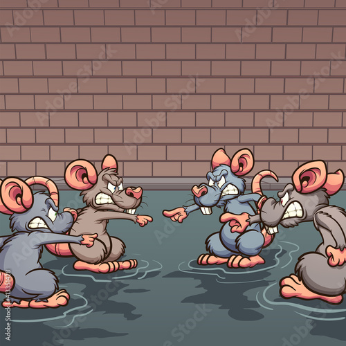 Sewer rats angry pointing at each other cartoon. Vector clip art illustration with simple gradients. Some elements on separate layers.

