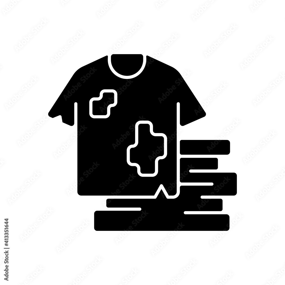 Textile waste black glyph icon. Clothing, footwear. Fashion and textile industry refuse. Post-consumer waste. Clothing production. Silhouette symbol on white space. Vector isolated illustration Textile waste black glyph icon. Clothing, footwear. Fashion and textile industry refuse. Post-consumer waste. Clothing production. Silhouette symbol on white space. Vector isolated illustration