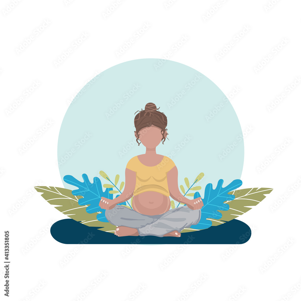 A pregnant young woman in a Yoga pose with green leaves on the background. A banner, poster for Medical, Pregnancy projects. A flat illustration. A pregnant young woman in a Yoga pose with green leaves on the background. A banner, poster for Medical, Pregnancy projects. A flat illustration.