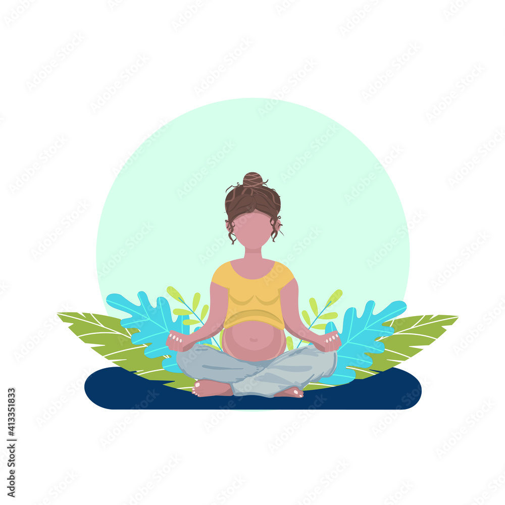 A pregnant young woman in a Yoga pose with green leaves on the background. A banner, poster for Medical, Pregnancy projects. A flat illustration. Vector.  EPS 10. 