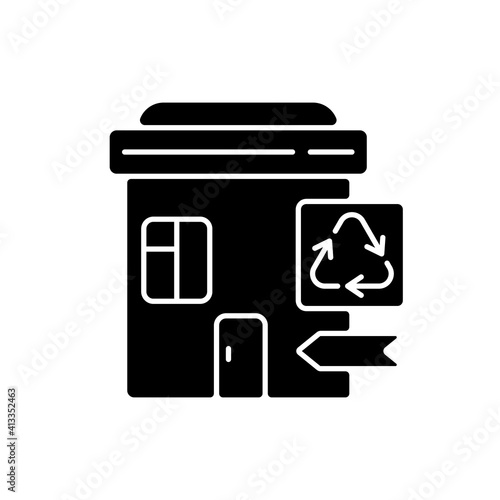 Recycling collection center black glyph icon. Landfill and material recovery facility. Drop-off center. Trash disposal. Transfer station. Silhouette symbol on white space. Vector isolated illustration