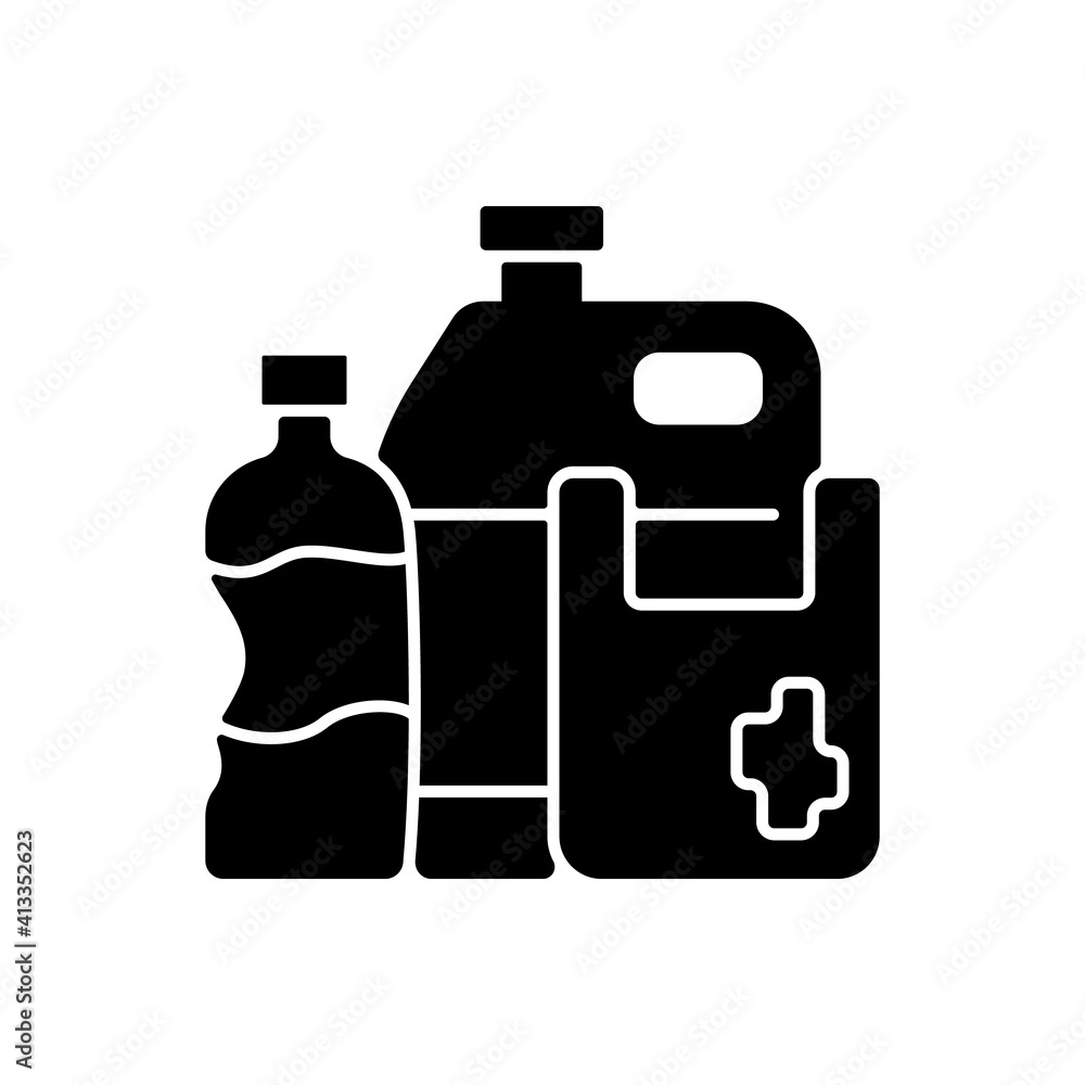 Plastic waste black glyph icon. Plastic pollution. Synthetic and semi-synthetic materials. Consumer products. Containers and packaging. Silhouette symbol on white space. Vector isolated illustration Plastic waste black glyph icon. Plastic pollution. Synthetic and semi-synthetic materials. Consumer products. Containers and packaging. Silhouette symbol on white space. Vector isolated illustration