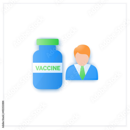 Vaccine expert flat icon. Virologist researcher. Chemical scientist. Cure search, vaccine development. Stop coronavirus. Covid19 disease vaccination concept. 3d vector illustration