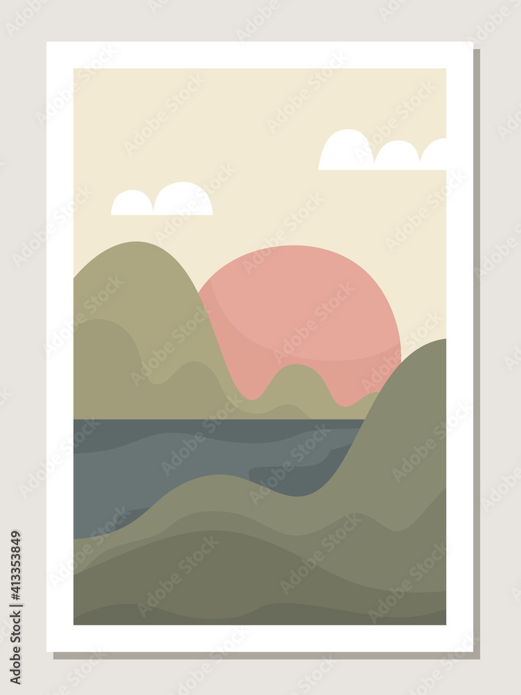Fototapeta premium Art landscape wall. Abstract landscape with mountains design for covers, posters, prints, wall art in a minimalist style. Vector.