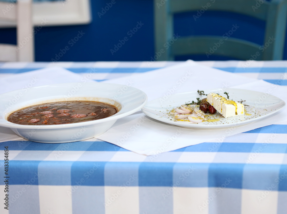Lentils greek soup feta and olives close up modern mediterranean food porn modern high quality prints