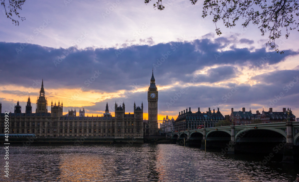 Westminster skyline at sunset, London, UK