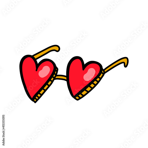 Cute heart-shaped sunglasses for women. Fashion women's accessory. Protective eyewear. Red tinted lenses and black plastic frame. Doodle style. Vector illustration on isolated background.
