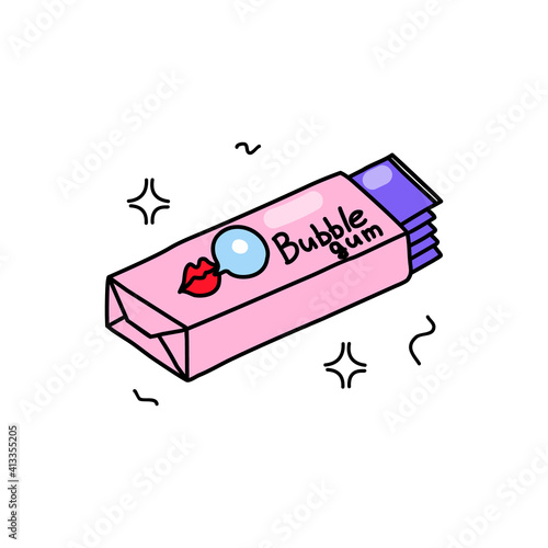 Packing bubble gum. Chewy sweetness. Doodle style. Vector illustration on isolated background. For stickers, patches, cards, invitations