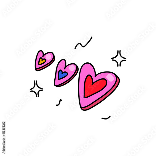 Three abstract pink hearts. Valentine's day concept. Feminism movement and sisterhood concept. Doodle style. Vector illustration on isolated background. For stickers, patches, cards, invitations