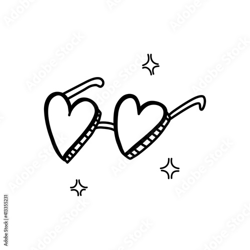 Cute heart-shaped sunglasses for women. Fashion women's accessory. Protective eyewear. Tinted lenses and black plastic frame. Doodle style. Vector illustration on isolated background.