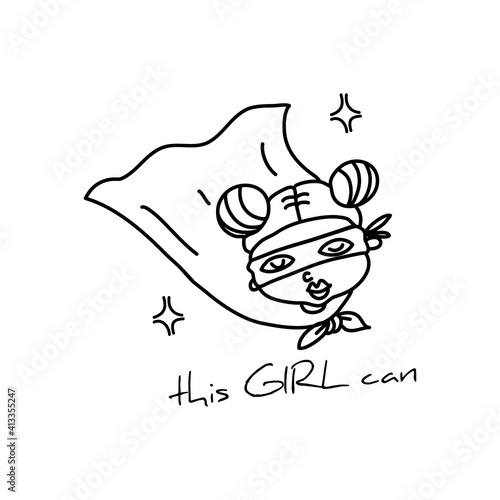 Young girl superhero in cloak. Feminism movement and sisterhood concept. Doodle style. Vector illustration on isolated background. For stickers, patches, cards, invitations