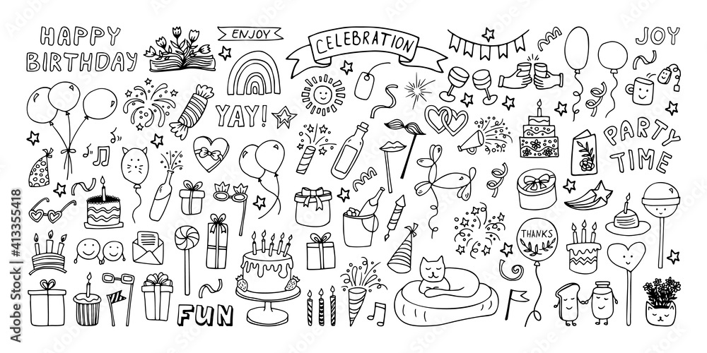Big celebration clipart set. Party time doodle clipart with fireworks, party hat, birthday cake, holiday gift box. Hand drawn icons