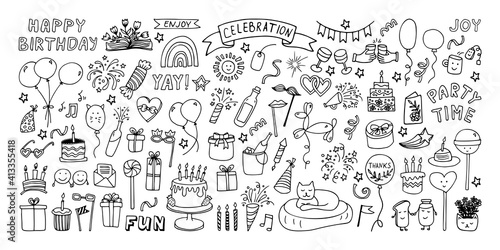 Big celebration clipart set. Party time doodle clipart with fireworks, party hat, birthday cake, holiday gift box. Hand drawn icons
