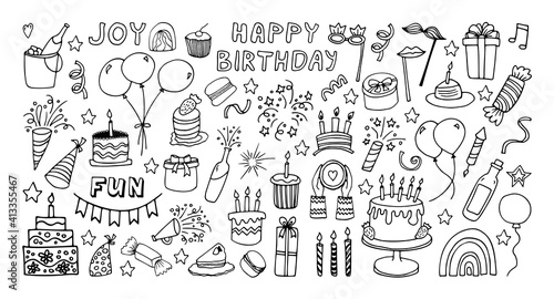 Big celebration clipart set. Party time doodle clipart with fireworks, party hat, birthday cake, holiday gift box. Hand drawn icons