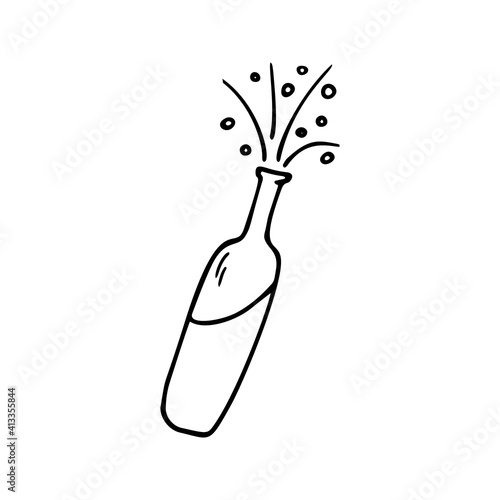 Hand drawn bottle of champagne or vine for date, New Year, Xmas, or Valentine's day, marriage proposal. For greeting cards and seasonal design. Doodle vector illustration isolated on white background.