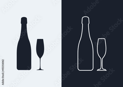 Champagne bottle and glass icon. (Outlined and silhouette vector of champagne bottle and glass)
