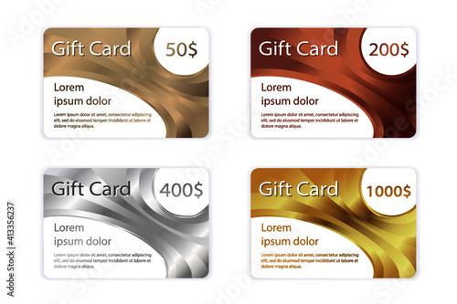 Set of gift coupons, gift cards with gradients of gold, bronze, copper and silver. Festive background design for invitation, ticket. Vector