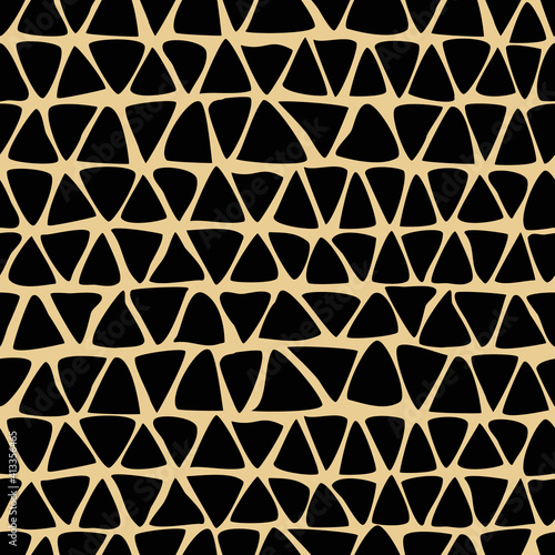 Abstract Black Triangles Seamless Pattern on Yellow Background Spotted Leopard  Doodle Irregular abstract mesh background texture Modern triangular lattice Trendy hipster design Vector Illustration