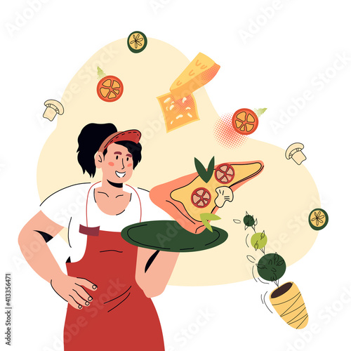 Attractive waitress holding a tray with piece of pizza. Pizzeria or Italian restaurant waitress surrounded by pizza ingredients, cartoon vector illustration isolated on white background.