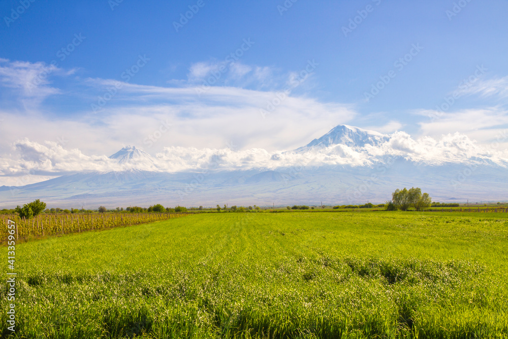 Mount Ararat (Turkey) at 5,137 m viewed from Yerevan, Armenia. This snow-capped dormant compound volcano consists of two major volcanic cones described in the Bible as the resting place of Noah's Ark.