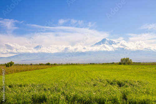 Mount Ararat  Turkey  at 5 137 m viewed from Yerevan  Armenia. This snow-capped dormant compound volcano consists of two major volcanic cones described in the Bible as the resting place of Noah s Ark.