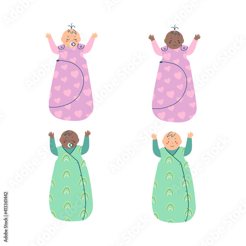 Set of four babies in sleeping bags. Two boys and two girls are sleeping in cute and cozy sleeping sacks. Vector illustration