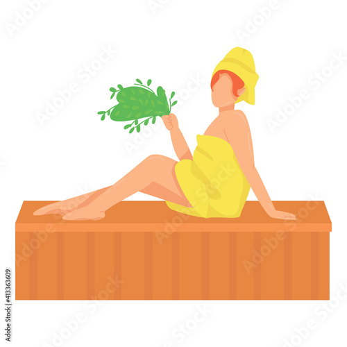 girl in a bathrobe and a towel with a bath broom in her hands sits in a sauna on a white background. vector flat. rest and hygiene. sauna and baths concept. Finnish bath. Russian sauna.