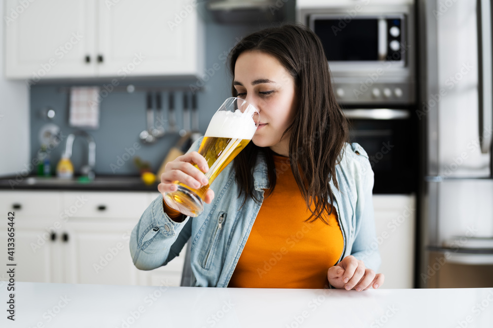 Woman Drinking Beverage Beer In Video Conference Woman Drinking Beverage Beer In Video Conference
