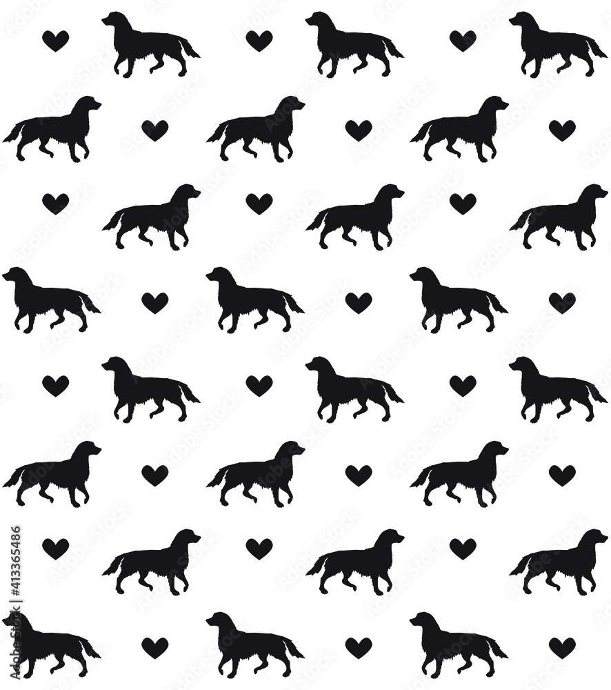 Fototapeta premium Vector seamless pattern of black dog silhouette and hearts isolated on white background