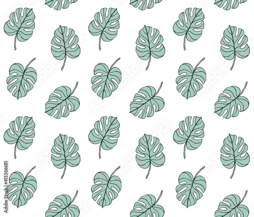 Vector seamless pattern of mint colored hand drawn doodle sketch monstera leaf isolated on white background