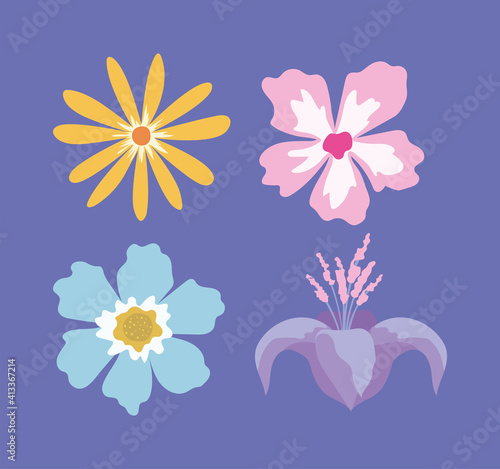 set of flowers on a purple background