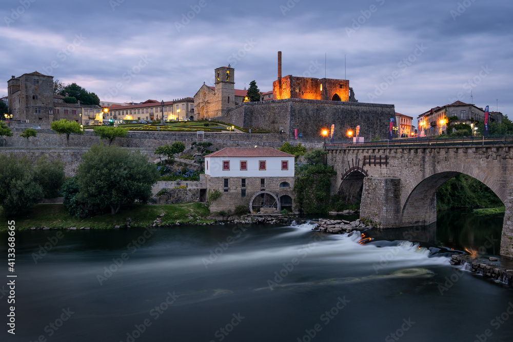 Barcelos view with mill and bridge, in Portugal