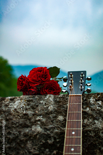 Guitar and roses on Roman Bridge in Sarajevo