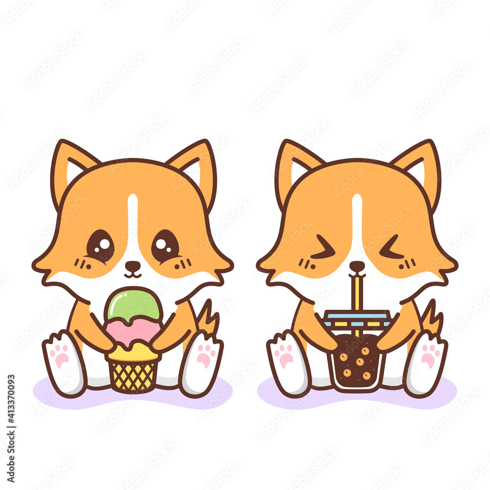 cute happy corgy eating ice cream and drink boba drink