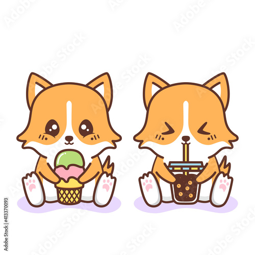 cute happy corgy eating ice cream and drink boba drink
