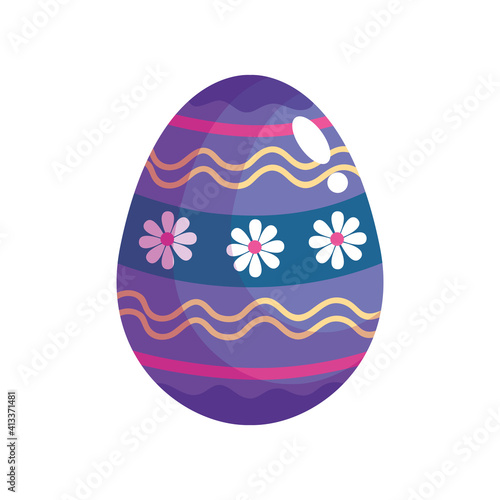 happy easter celebration purple egg painted with flowers vector illustration design