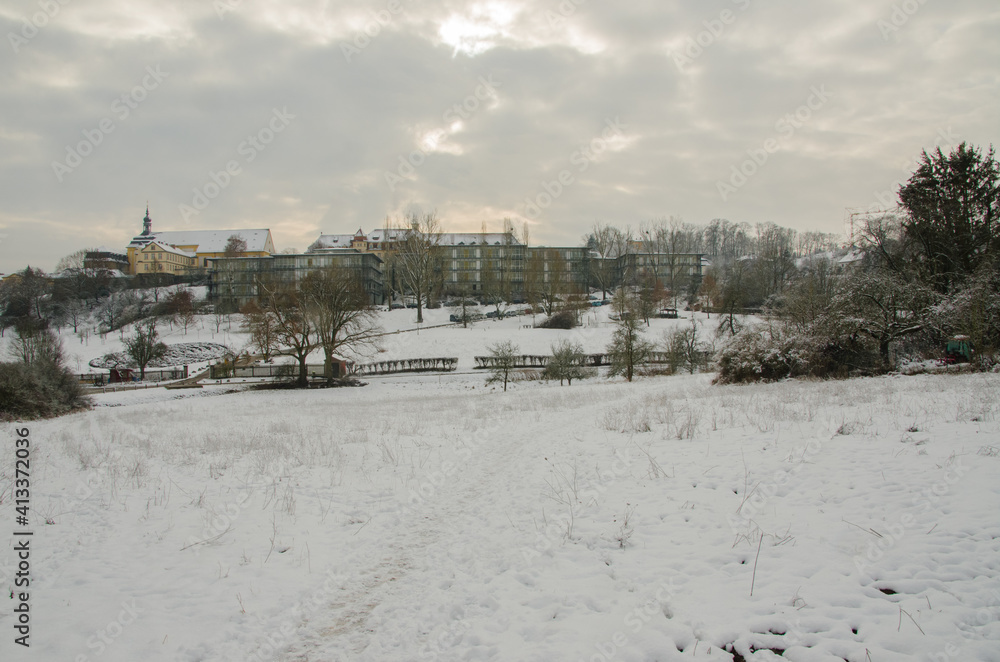 Winter landscape on a cloudy day after first snowfall with buildings in the background