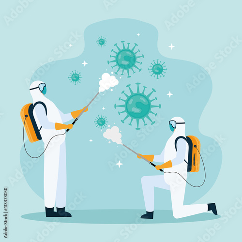 workers wearing biohazard suit disinfecting for covid19 vector illustration design