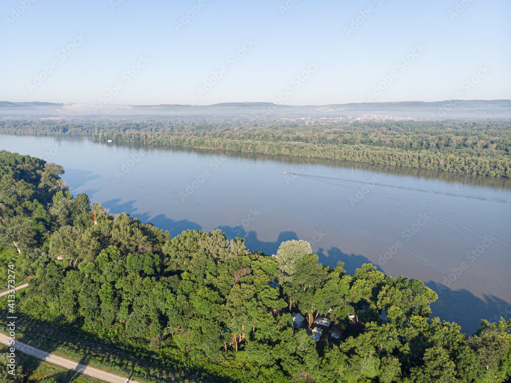 Aerial View of Danube river on the sunny day