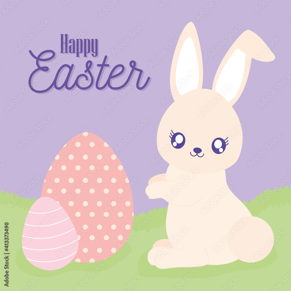 happy easter lettering, easter eggs and one cute rabbit happy easter lettering, easter eggs and one cute rabbit
