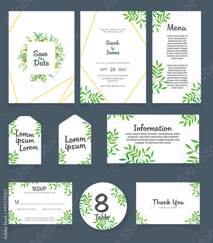 Set of Wedding invitation Vector illustration. card template. Wedding invitation, thank you, save the date, menu, information, RSVP, label, table number and place card design.