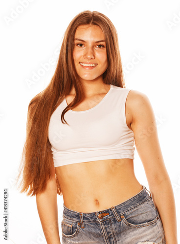 young pretty stylish brunette hipster girl posing emotional isolated on white background happy smiling cool smile, lifestyle people concept © iordani