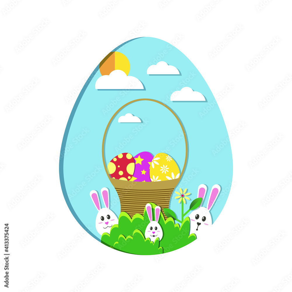 Basket with Easter eggs and bunnies on a background of grass and blue sky, Easter greeting card. Vector illustration Basket with Easter eggs and bunnies on a background of grass and blue sky, Easter greeting card. Vector illustration