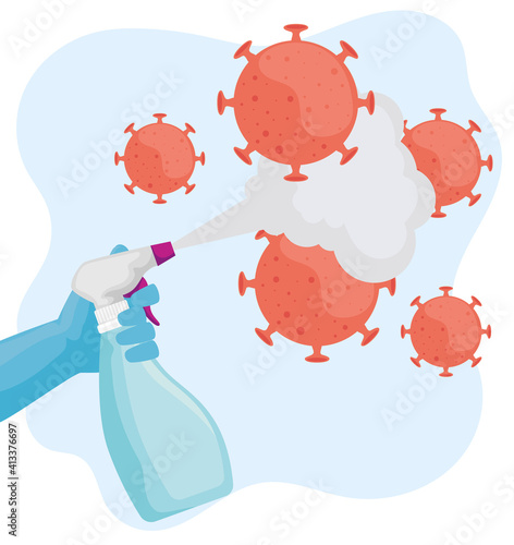 spray disinfect bottle with covid19 virus particles vector illustration design
