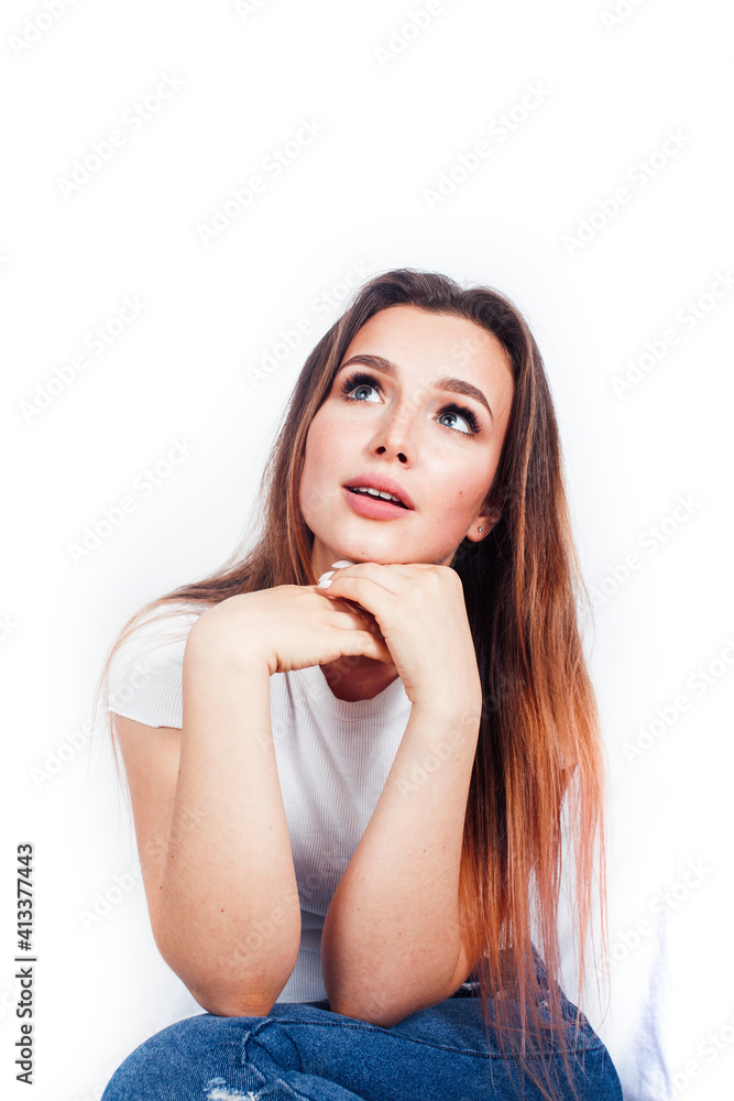 young blond woman on white backgroung gesture thumbs up, isolated emotional posing young blond woman on white backgroung gesture thumbs up, isolated emotional posing