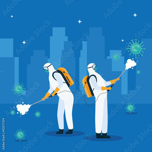 workers wearing biohazard suit disinfecting for covid19 on the city vector illustration design