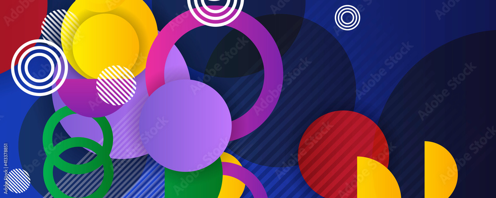 Summer colorful red yellow blue green purple white background and banner with circle, line, square, stripes and waves in vector abstract shape. 