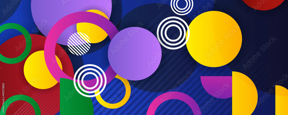 Summer colorful red yellow blue green purple white background and banner with circle, line, square, stripes and waves in vector abstract shape. 