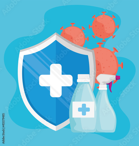 covid19 virus particles with disinfectant bottles products and shield vector illustration design