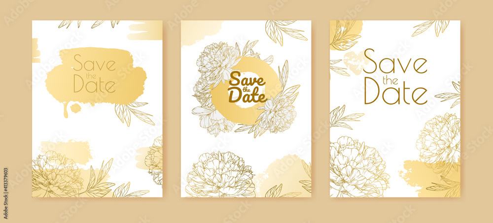 Set of vintage banners with big peony buds and golden decorative elements on a white background. Wedding invitation with outline flowers and blots of paint. Design for a greeting card or poster.
